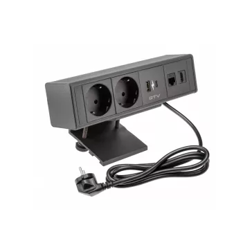 GTV pultra rögzíthető konnektor, 2db 230V-os dugalj 1db USB-A és 1db USB-C aljzat, 1db RJ45 ajz