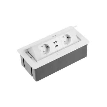   GTV Asztalba süllyeszthető elosztó, 2x230V+2xUSB 2,1A, IP20, fehér, SCHUKO, 1,5 m kábellel