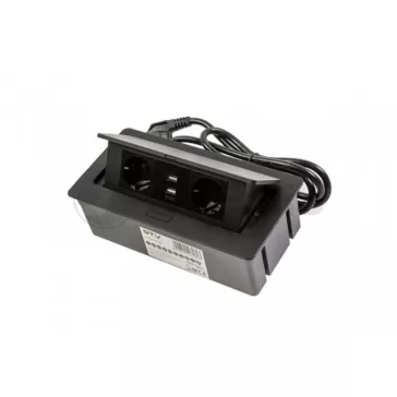   GTV Asztalba süllyeszthető elosztó, 2x230V+2xUSB 2,1A, IP20, Fekete, SCHUKO, 1,5 m kábellel
