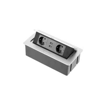   GTV Asztalba süllyeszthető elosztó, 2x230V+2xUSB 2,1A, IP20, ezüst, SCHUKO, 1,5 m kábellel