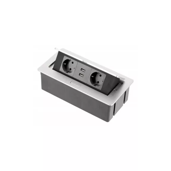 GTV Asztalba süllyeszthető elosztó, 2x230V+2xUSB 2,1A, IP20, ezüst, SCHUKO, 1,5 m kábellel GTV Asztalba süllyeszthető elosztó, 2x230V+2xUSB 2,1A, IP20, ezüst, SCHUKO, 1,5 m kábellel