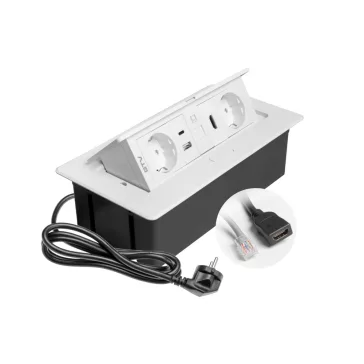 GTV pultba süllyeszthető konnektor 2x230V, USB-A, USB-C, RJ45, HDMI, fehér, 1,5 m kábel – GTV-A