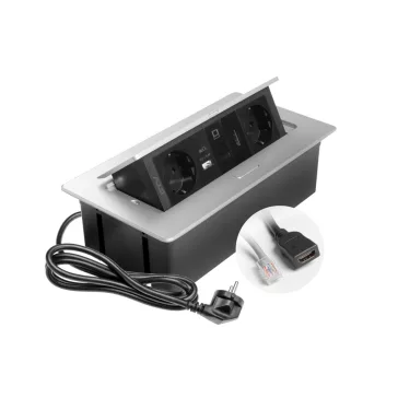 GTV pultba süllyeszthető konnektor 2x230V, USB-A, USB-C, RJ45, HDMI, ezüst, 1,5 m kábel – GTV-A