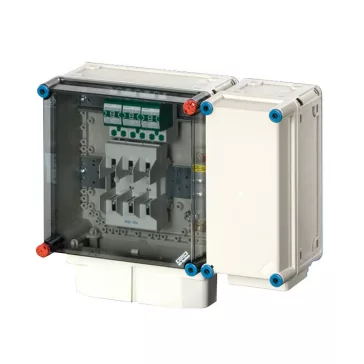   Hensel Mi 4219S B oszt.,max.50mm², 3db OBO MC 50-B típusú túlfeszültség levezetővel, kábelbevezetés egy oldalról