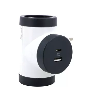   Legrand Kettős 2P+F elosztódugó USB-A + USB-C, fehér-fekete, 694522