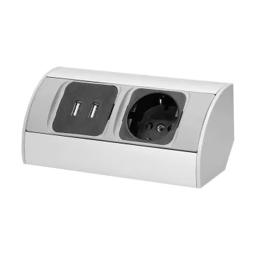 ORNO Sarokba illeszthető asztali elosztó, MINI 1db 230V-os dugaljal,+2 USB töltő, ezüst, SCHUKO