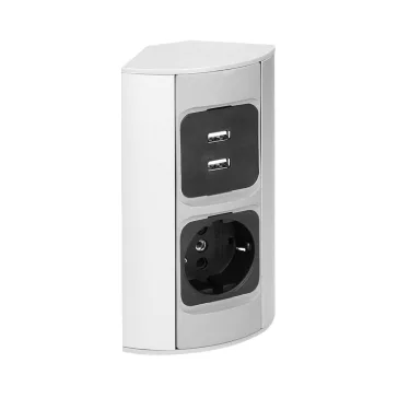 ORNO Sarokba illeszthető asztali elosztó, MINI 1db 230V-os dugaljal,+2 USB töltő, ezüst, SCHUKO