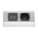 ORNO Sarokba illeszthető asztali elosztó, MINI 1db 230V-os dugaljal,+2 USB töltő, ezüst, SCHUKO