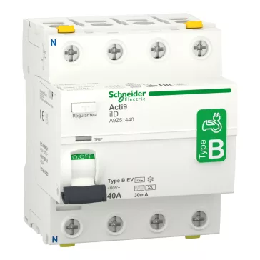   Schneider Fi relé, B osztály, napelemes rendszerekhez, 4P, 40A, 30mA, ACTI9 iID EV, A9Z51440