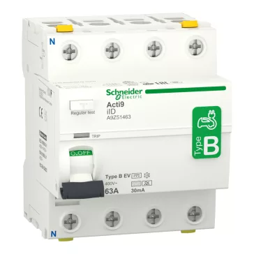   Schneider Fi relé, B osztály, napelemes rendszerekhez, 4P, 63A, 30mA, ACTI9 iID EV, A9Z51463
