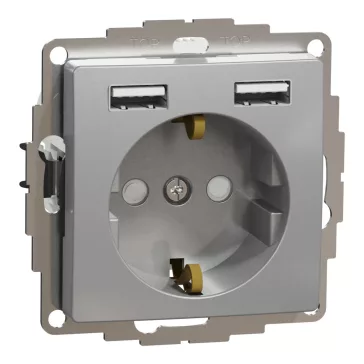   Schneider ÚJ SEDNA 2P+F csatlakozóaljzat, BZS, kettős USB töltővel, rugós, 16A/2.4A, alumínium, SDD113052