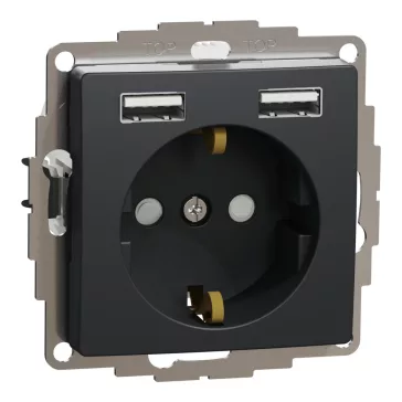   Schneider ÚJ SEDNA 2P+F csatlakozóaljzat, BZS, kettős USB töltővel, rugós, 16A/2.4A, antracit, SDD114052