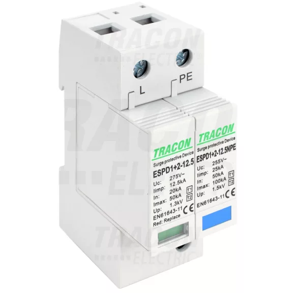 Tracon túlfeszültség levezető, T1+T2 AC típusú, cserélhető betéttel, ESPD1+2-12.5-1+1P Tracon túlfeszültség levezető, T1+T2 AC típusú, cserélhető betéttel, ESPD1+2-12.5-1+1P