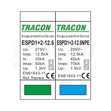  Tracon túlfeszültség levezető, T1+T2 AC típusú, cserélhető betéttel, ESPD1+2-12.5-1+1P