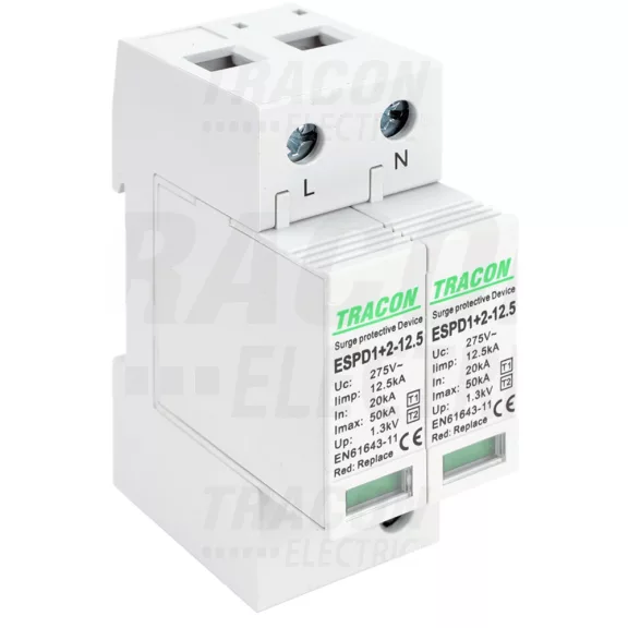 Tracon túlfeszültség levezető, T1+T2 AC típusú, cserélhető betéttel, ESPD1+2-12.5-2P Tracon túlfeszültség levezető, T1+T2 AC típusú, cserélhető betéttel, ESPD1+2-12.5-2P
