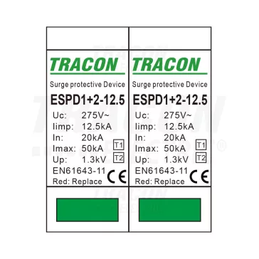   Tracon túlfeszültség levezető, T1+T2 AC típusú, cserélhető betéttel, ESPD1+2-12.5-2P