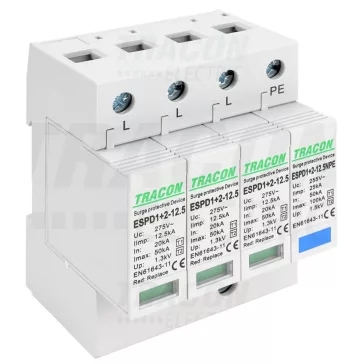   Tracon túlfeszültség levezető, T1+T2 AC típusú, cserélhető betéttel, ESPD1+2-12.5-3+1P
