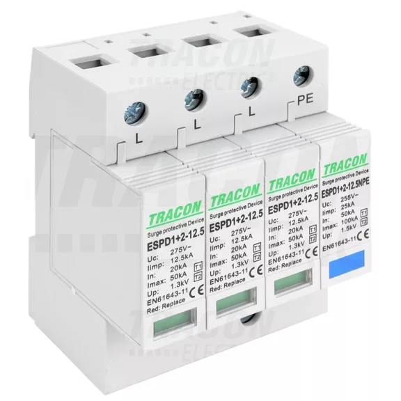 Tracon túlfeszültség levezető, T1+T2 AC típusú, cserélhető betéttel, ESPD1+2-12.5-3+1P Tracon túlfeszültség levezető, T1+T2 AC típusú, cserélhető betéttel, ESPD1+2-12.5-3+1P