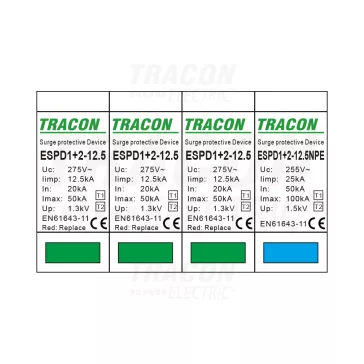   Tracon túlfeszültség levezető, T1+T2 AC típusú, cserélhető betéttel, ESPD1+2-12.5-3+1P