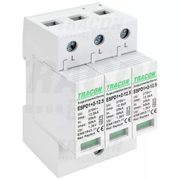   Tracon túlfeszültség levezető, T1+T2 AC típusú, cserélhető betéttel, ESPD1+2-12.5-3P