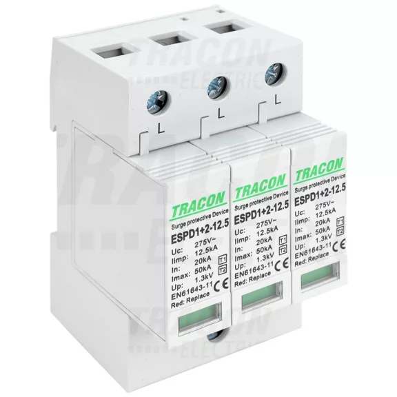Tracon túlfeszültség levezető, T1+T2 AC típusú, cserélhető betéttel, ESPD1+2-12.5-3P Tracon túlfeszültség levezető, T1+T2 AC típusú, cserélhető betéttel, ESPD1+2-12.5-3P