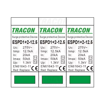   Tracon túlfeszültség levezető, T1+T2 AC típusú, cserélhető betéttel, ESPD1+2-12.5-3P