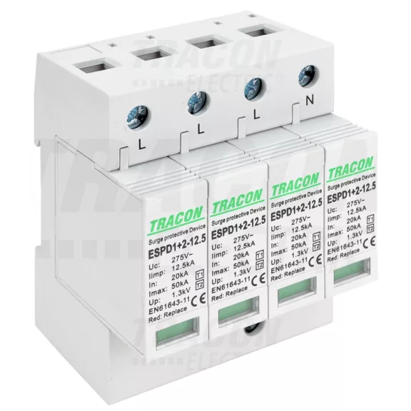 Tracon túlfeszültség levezető, T1+T2 AC típusú, cserélhető betéttel, ESPD1+2-12.5-4P Tracon túlfeszültség levezető, T1+T2 AC típusú, cserélhető betéttel, ESPD1+2-12.5-4P