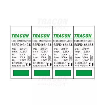   Tracon túlfeszültség levezető, T1+T2 AC típusú, cserélhető betéttel, ESPD1+2-12.5-4P