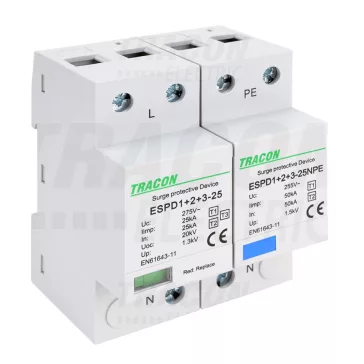   Tracon túlfeszültség levezető, T1+T2+T3 AC típusú, egybeépített, ESPD1+2+3-25-1+1P