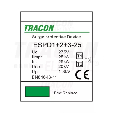   Tracon túlfeszültség levezető, T1+T2+T3 AC típusú, egybeépített, ESPD1+2+3-25-1P