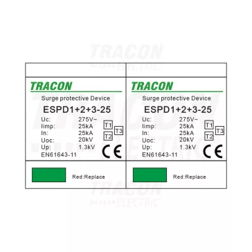   Tracon túlfeszültség levezető, T1+T2+T3 AC típusú, egybeépített, ESPD1+2+3-25-2P