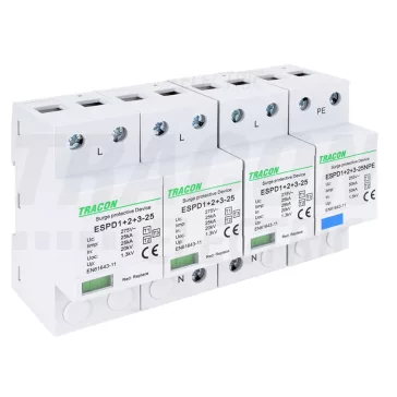   Tracon túlfeszültség levezető, T1+T2+T3 AC típusú, egybeépített, ESPD1+2+3-25-3+1P