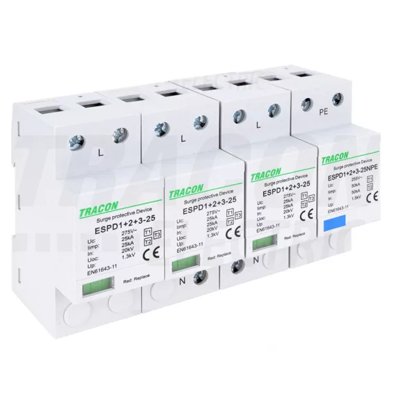 Tracon túlfeszültség levezető, T1+T2+T3 AC típusú, egybeépített, ESPD1+2+3-25-3+1P Tracon túlfeszültség levezető, T1+T2+T3 AC típusú, egybeépített, ESPD1+2+3-25-3+1P