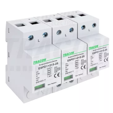   Tracon túlfeszültség levezető, T1+T2+T3 AC típusú, egybeépített, ESPD1+2+3-25-3P