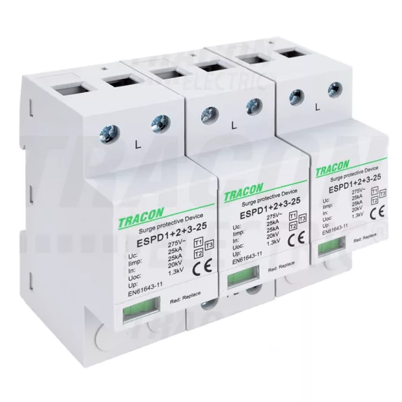Tracon túlfeszültség levezető, T1+T2+T3 AC típusú, egybeépített, ESPD1+2+3-25-3P Tracon túlfeszültség levezető, T1+T2+T3 AC típusú, egybeépített, ESPD1+2+3-25-3P
