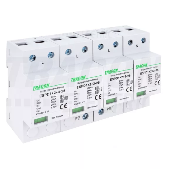 Tracon túlfeszültség levezető, T1+T2+T3 AC típusú, egybeépített, ESPD1+2+3-25-4P Tracon túlfeszültség levezető, T1+T2+T3 AC típusú, egybeépített, ESPD1+2+3-25-4P
