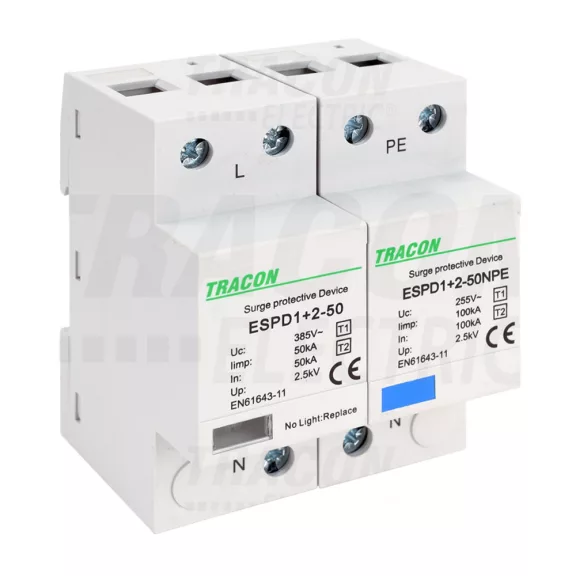 Tracon túlfeszültség levezető, T1+T2 AC típusú, egybeépített, ESPD1+2-50-1+1P Tracon túlfeszültség levezető, T1+T2 AC típusú, egybeépített, ESPD1+2-50-1+1P
