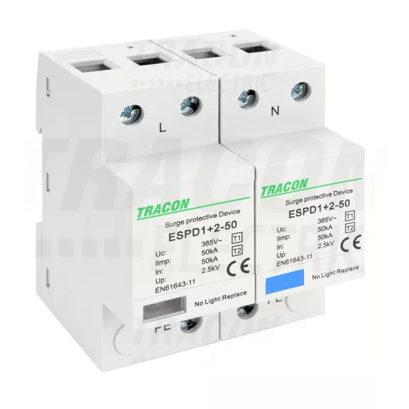 Tracon túlfeszültség levezető, T1+T2 AC típusú, egybeépített, ESPD1+2-50-2P Tracon túlfeszültség levezető, T1+T2 AC típusú, egybeépített, ESPD1+2-50-2P