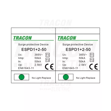   Tracon túlfeszültség levezető, T1+T2 AC típusú, egybeépített, ESPD1+2-50-2P