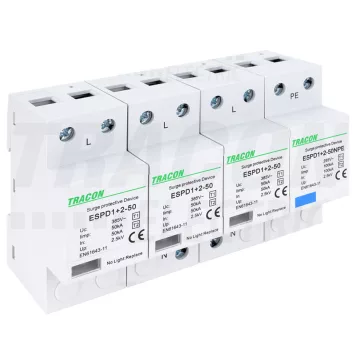   Tracon túlfeszültség levezető, T1+T2 AC típusú, egybeépített, ESPD1+2-50-3+1P