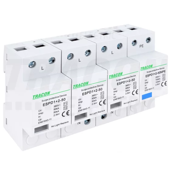 Tracon túlfeszültség levezető, T1+T2 AC típusú, egybeépített, ESPD1+2-50-3+1P Tracon túlfeszültség levezető, T1+T2 AC típusú, egybeépített, ESPD1+2-50-3+1P