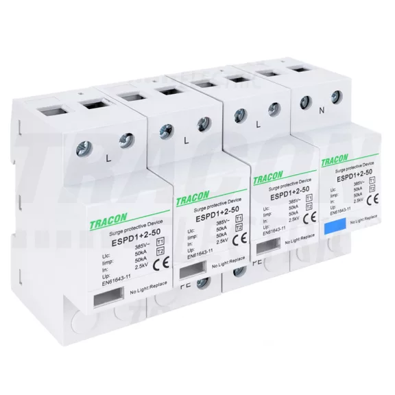 Tracon túlfeszültség levezető, T1+T2 AC típusú, egybeépített, ESPD1+2-50-4P Tracon túlfeszültség levezető, T1+T2 AC típusú, egybeépített, ESPD1+2-50-4P