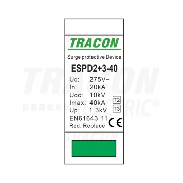   Tracon túlfeszültség levezető, T2+T3 AC típusú, egybeépített, ESPD2+3-40-2P