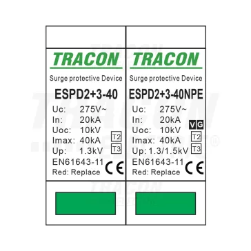   Tracon túlfeszültség levezető, T2+T3 AC típusú, egybeépített, ESPD2+3-40-3+1P