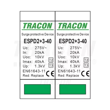   Tracon túlfeszültség levezető, T2+T3 AC típusú, egybeépített, ESPD2+3-40-4P