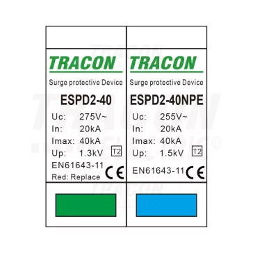   Tracon túlfeszültség levezető, T2 AC típusú, cserélhető betéttel, ESPD2-40-1+1P
