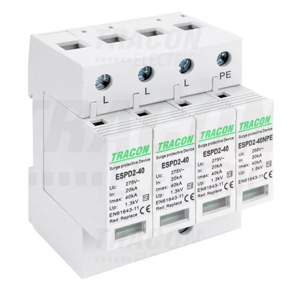 Tracon túlfeszültség levezető, T2 AC típusú, cserélhető betéttel, ESPD2-40-3+1P Tracon túlfeszültség levezető, T2 AC típusú, cserélhető betéttel, ESPD2-40-3+1P