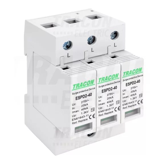 Tracon túlfeszültség levezető, T2 AC típusú, cserélhető betéttel, ESPD2-40-3P Tracon túlfeszültség levezető, T2 AC típusú, cserélhető betéttel, ESPD2-40-3P