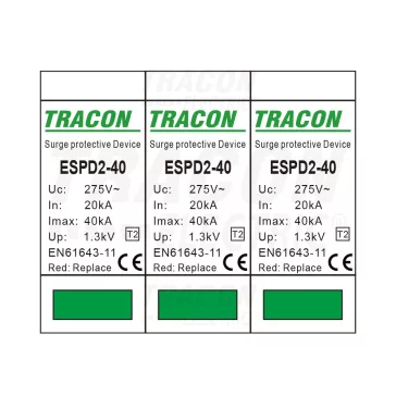   Tracon túlfeszültség levezető, T2 AC típusú, cserélhető betéttel, ESPD2-40-3P