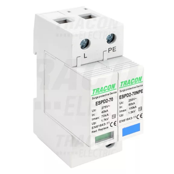 Tracon túlfeszültség levezető, T2 AC típusú, cserélhető betéttel, ESPD2-70-1+1P Tracon túlfeszültség levezető, T2 AC típusú, cserélhető betéttel, ESPD2-70-1+1P